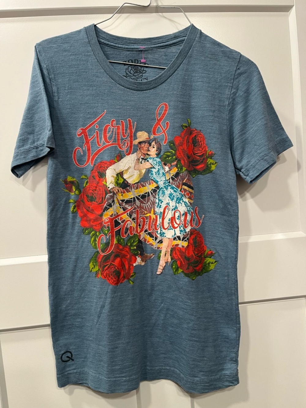 Fiery & Fabulous Rodeo Quincy Graphic Tee - Blue with Red Rose Design